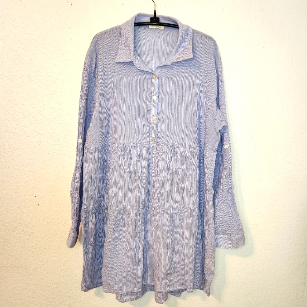 Lovestitch‎ Babydoll Blue Striped Button-Up Tunic, Size L